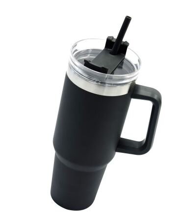 Edelstahl Trinkbecher mit Henkel & Strohhalm – 1,1 Liter Schwarz